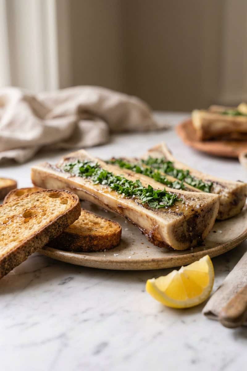 Roasted marrow bones with toasted bread, lemon, and parsley