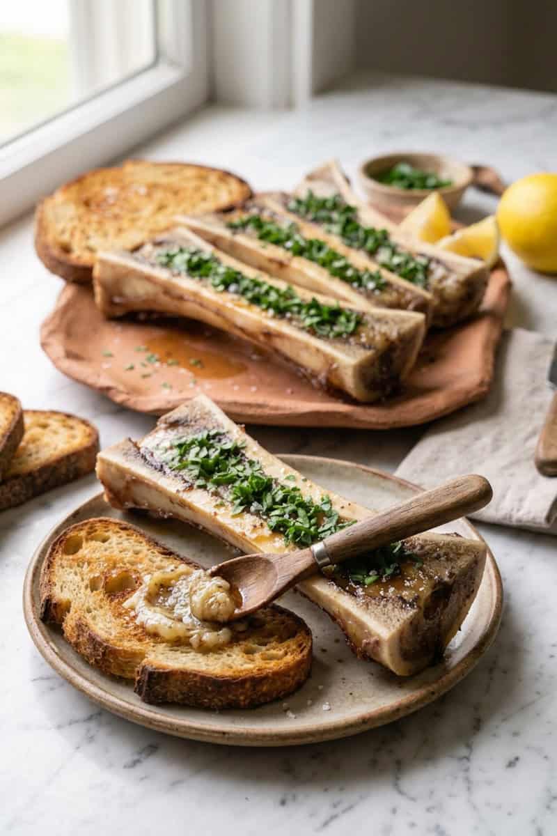 Spoon scooping roasted marrow from a split bone