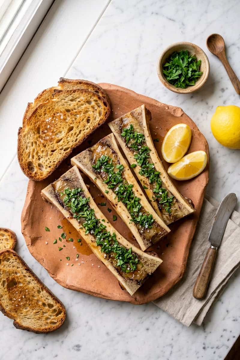 Roasted marrow bones with toasted bread, lemon, and parsley