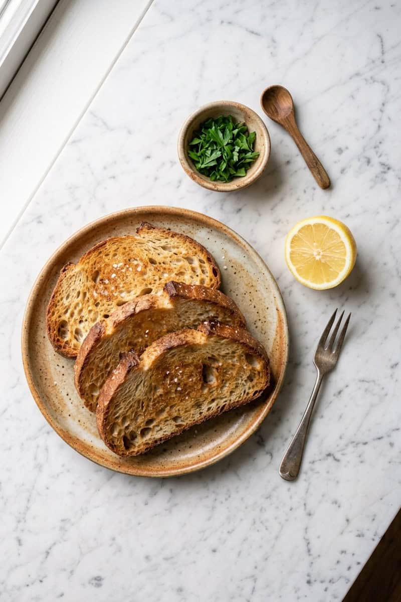 Cooked bone marrow spread on toasted bread with parsley