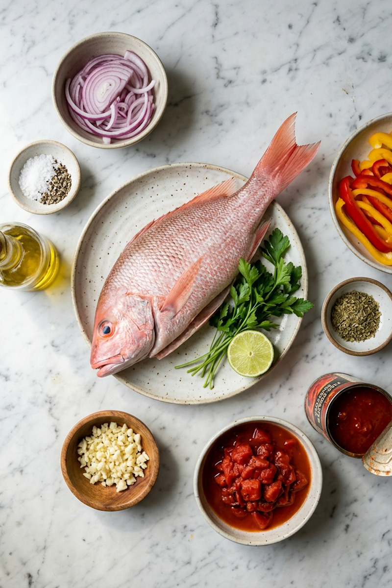 Veracruz-style red snapper served whole with onions, peppers, tomatoes, and lime