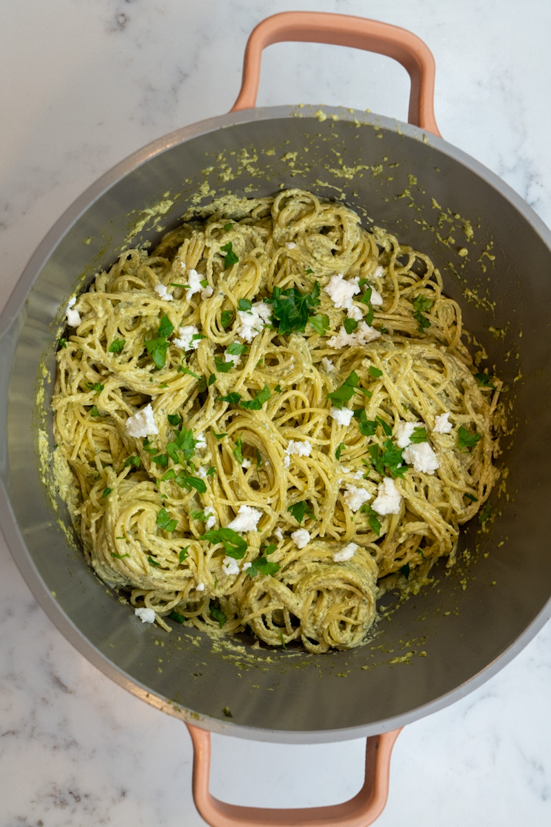 This Mexican Green Spaghetti with Poblano Sauce is made with poblano peppers, milk, cream cheese, feta cheese, cilantro and spaghetti.