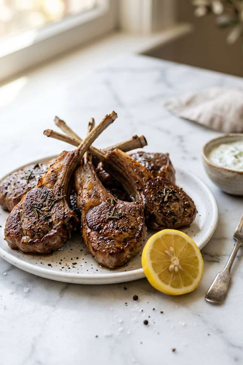 Greek-style lamb chops served with tzatziki and lemon wedges