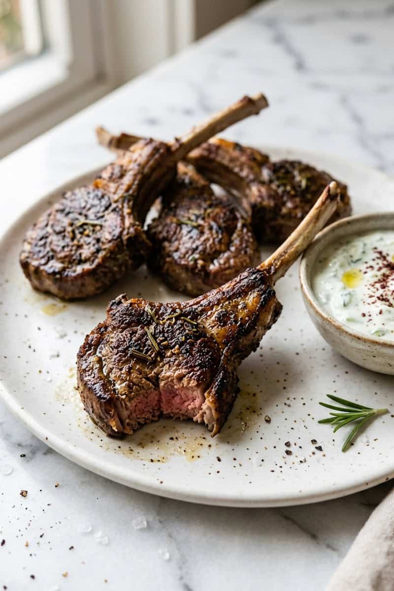 Greek-style lamb chops served with tzatziki and lemon wedges