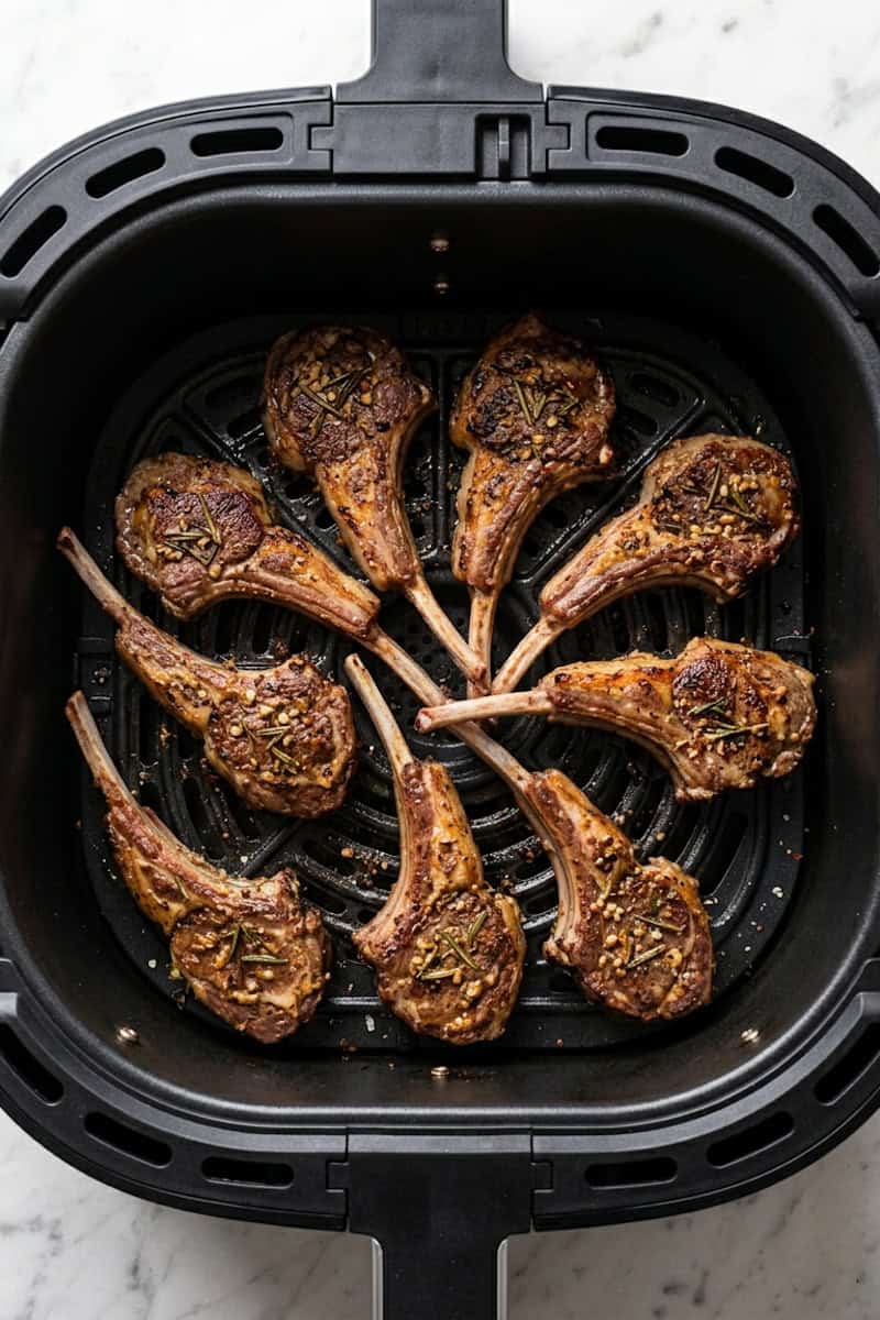 Marinated lamb loin chops arranged in an air fryer basket
