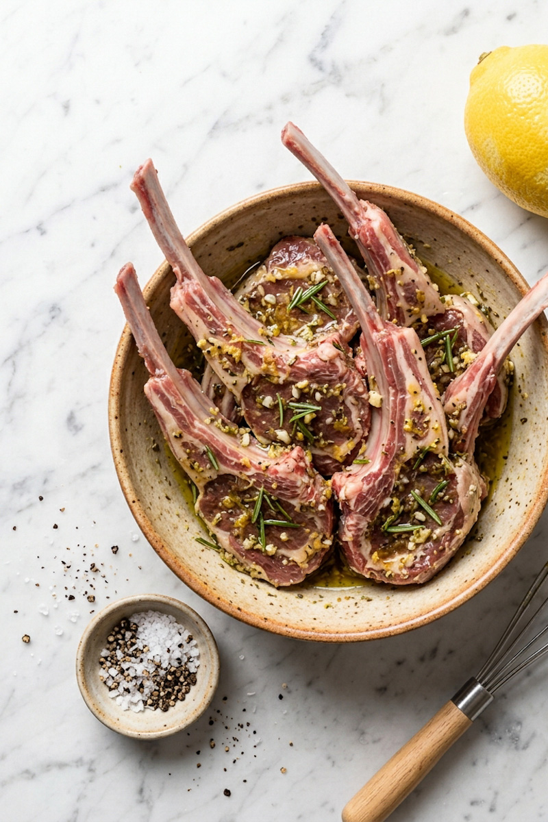 Lamb chops coated in a garlic, lemon and rosemary marinade