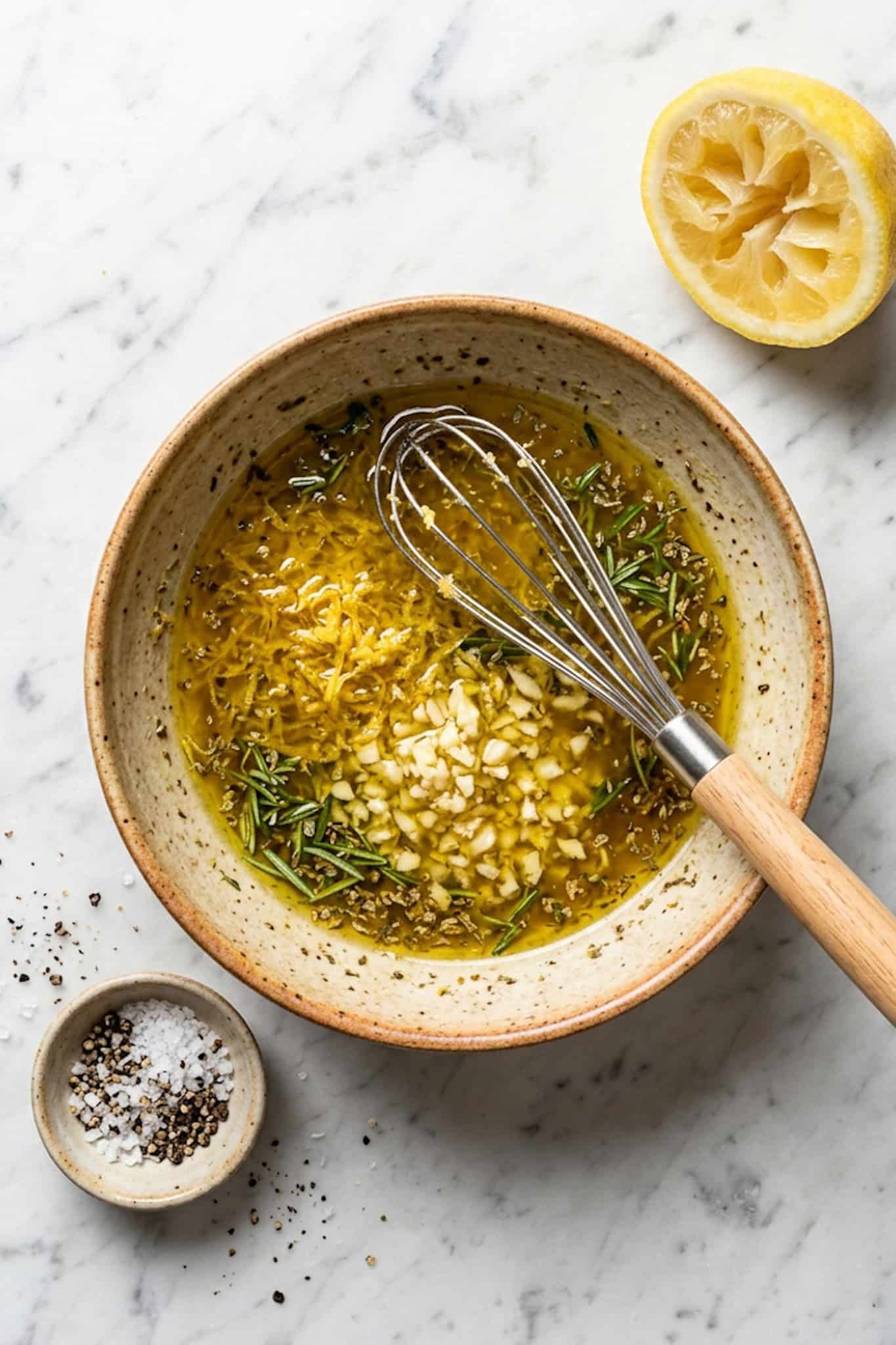 In a bowl there is: olive oil, lemon zest, lemon juice, minced garlic, rosemary, oregano, salt and pepper.