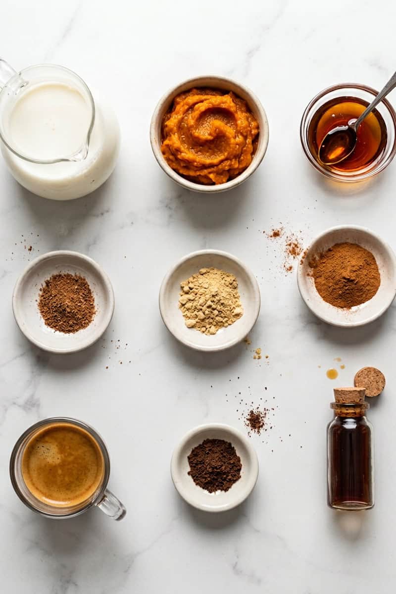 Milk, pumpkin purée, espresso, maple syrup and spices for a pumpkin spice latte