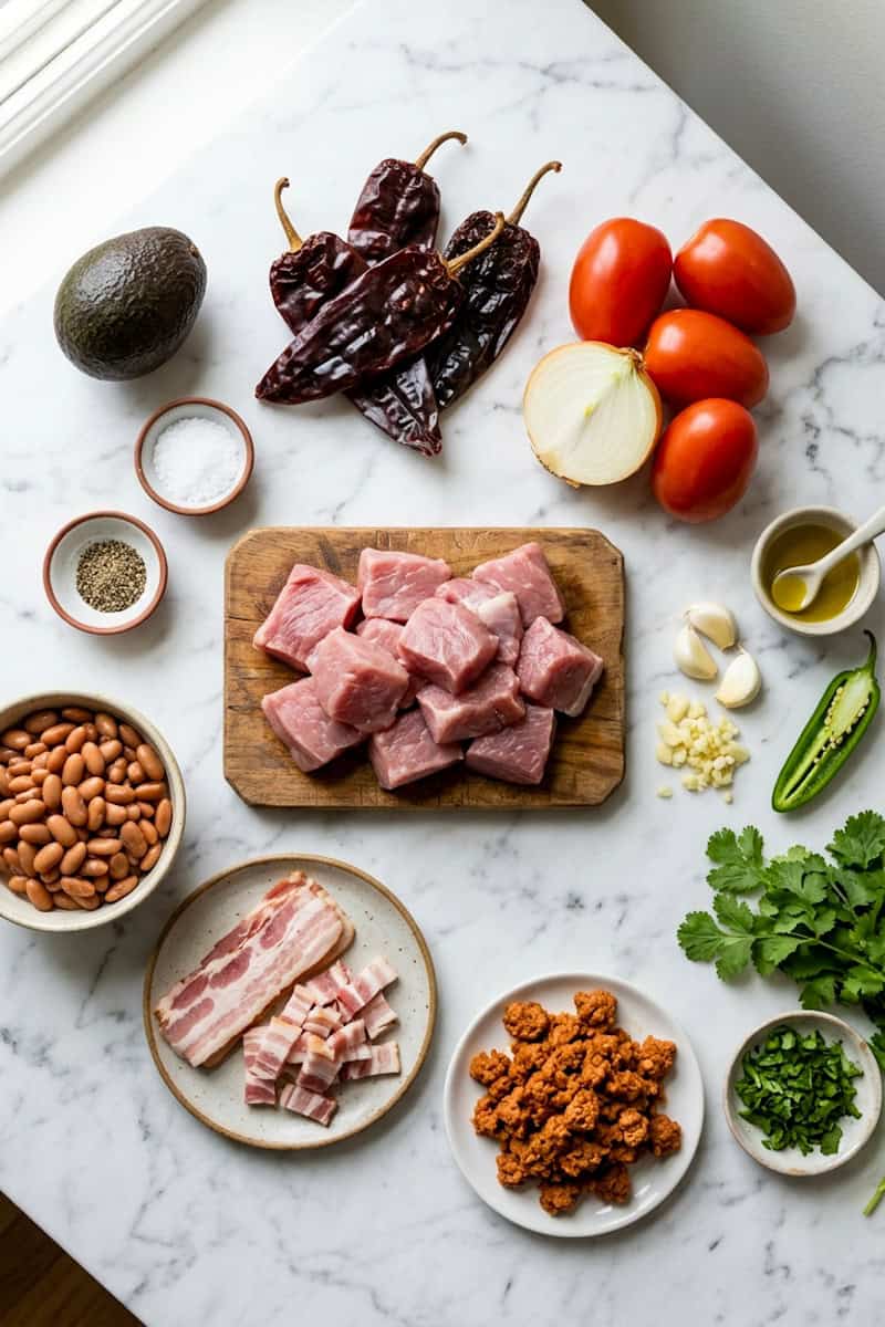 Mexican pork stew with chorizo, pinto beans and ancho chile sauce
