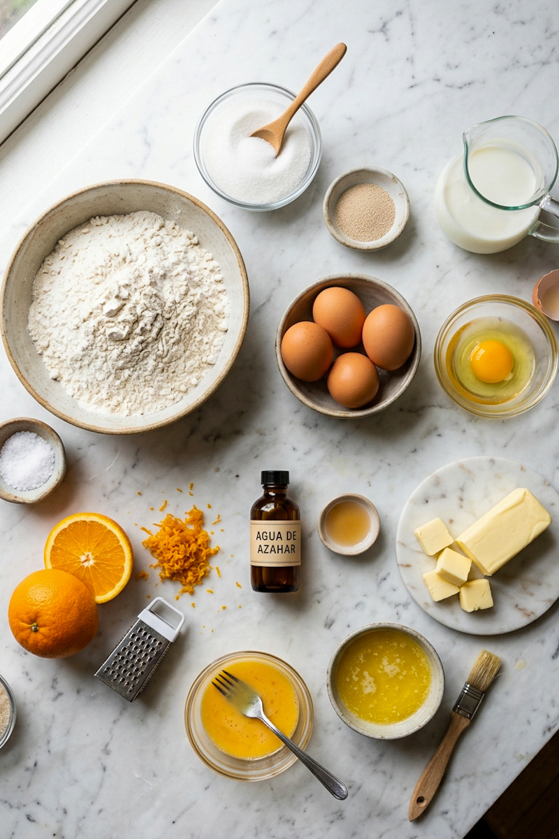 Ingredients for pan de muerto arranged before mixing