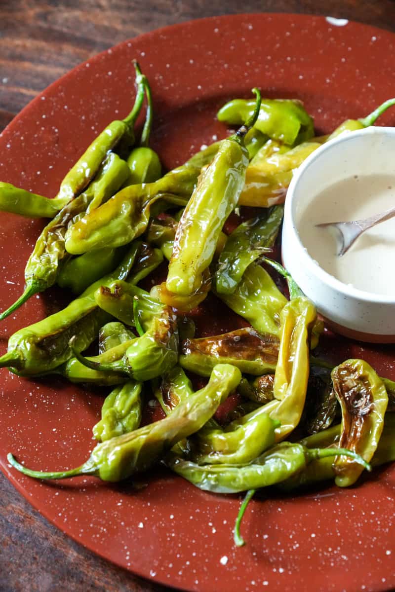 This Shishito Peppers Recipe is made with a delicious dipping sauce made of mayonnaise, soy sauce, rice vinegar, and wasabi.