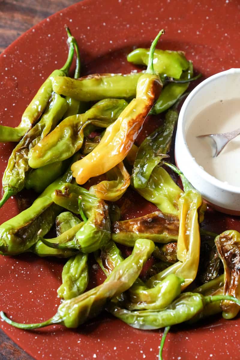 This Shishito Peppers Recipe is made with a delicious dipping sauce made of mayonnaise, soy sauce, rice vinegar, and wasabi.