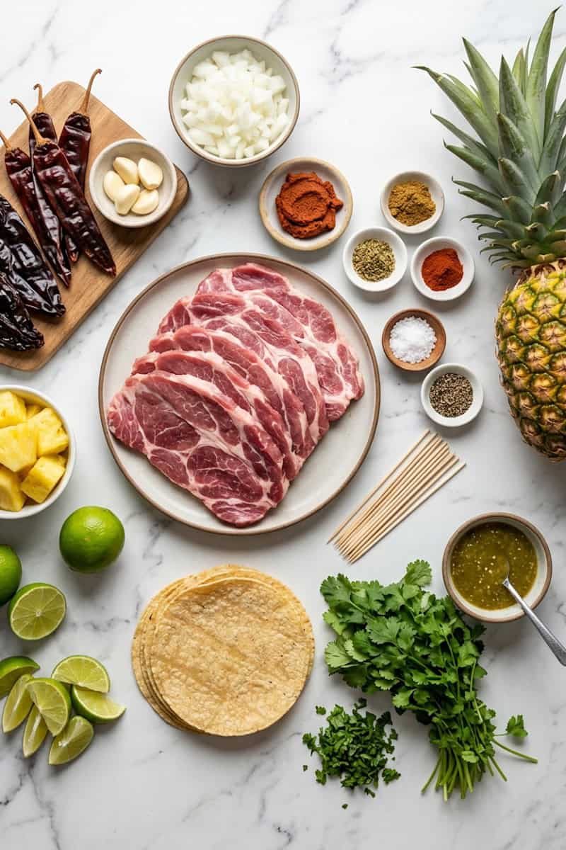 You’ll need dried chiles, pork shoulder, pineapple, and a few spices to make this recipe.