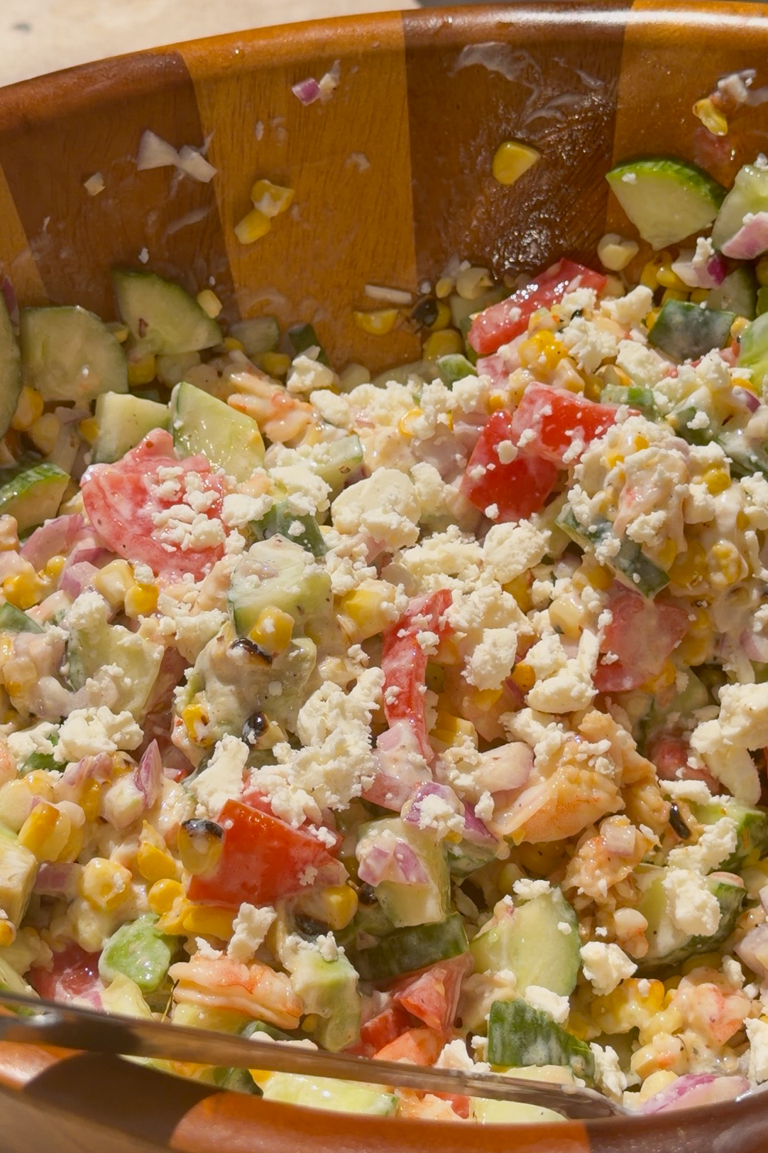 Mexican Street Corn Shrimp Salad tossed with creamy lime dressing