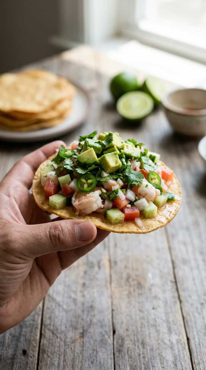 Homemade shrimp ceviche served with crispy corn tostadas