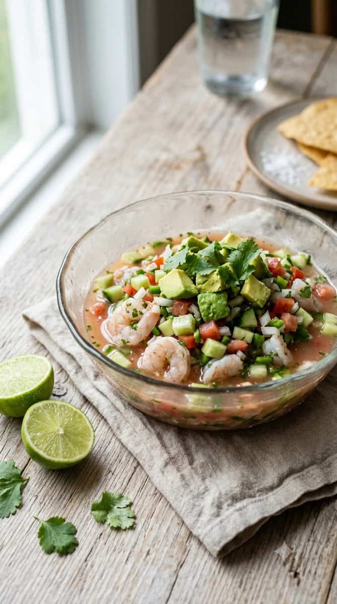 Homemade shrimp ceviche served with crispy corn tostadas