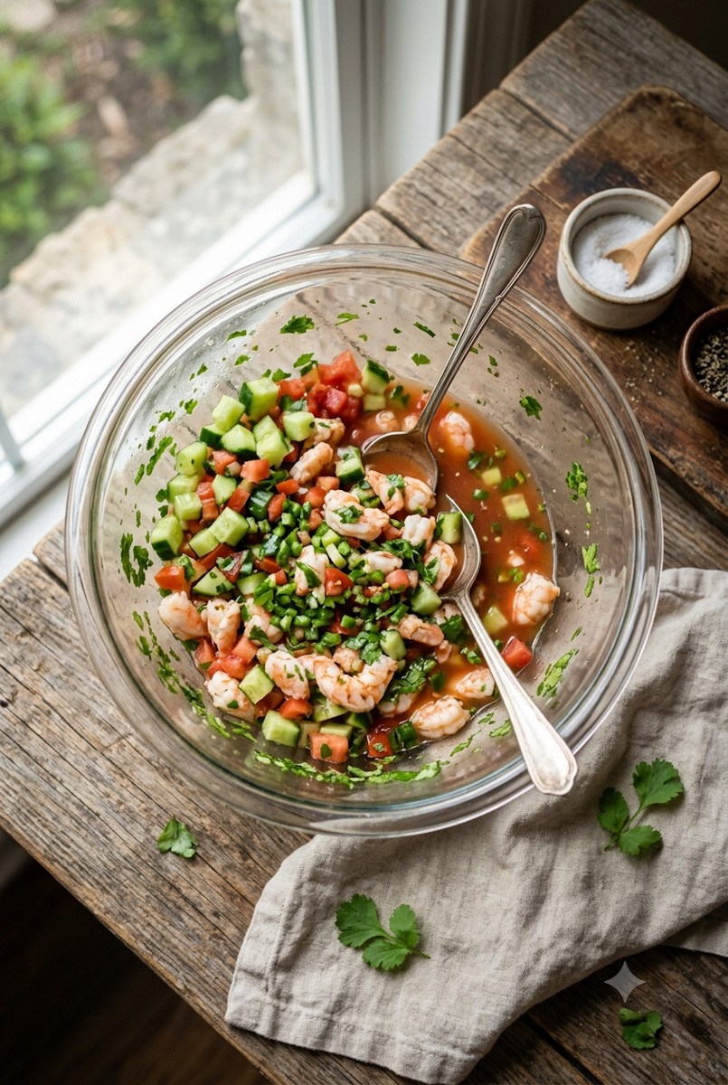 Cooked shrimp, lime, cucumber, tomatoes, onion, peppers, avocado and cilantro