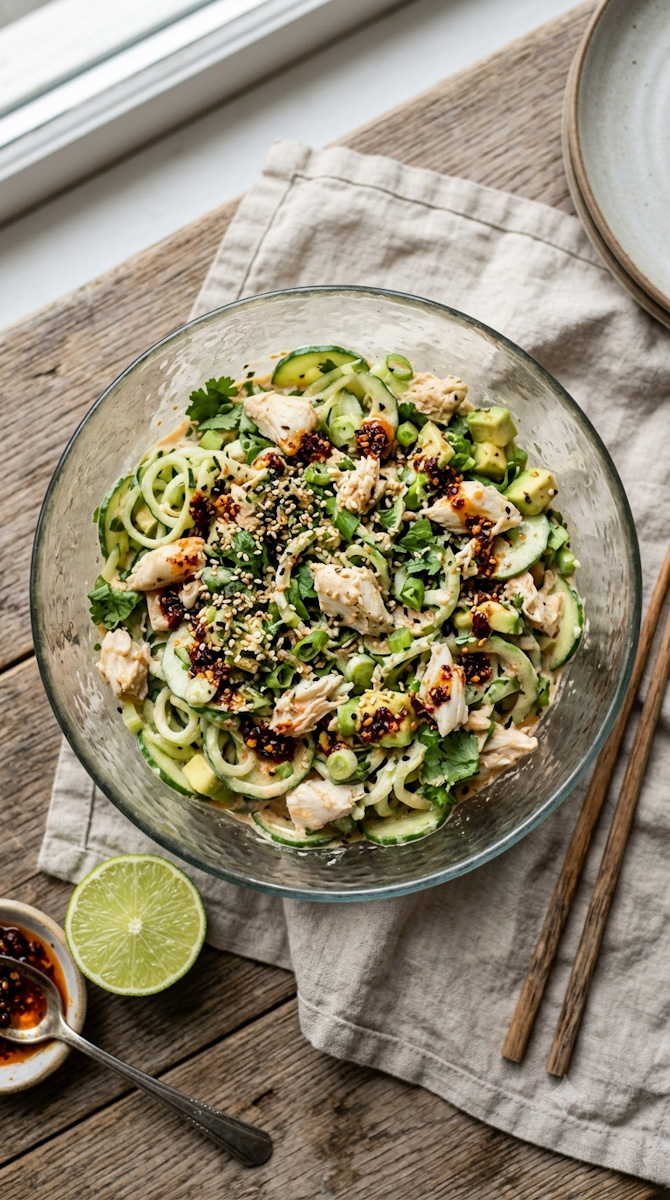 Spicy crab salad with sliced cucumber, avocado, scallions and sesame seeds