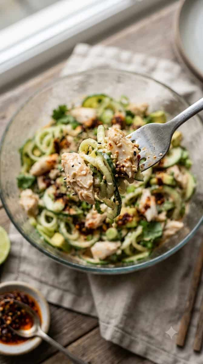 Spicy crab salad with sliced cucumber, avocado, scallions and sesame seeds