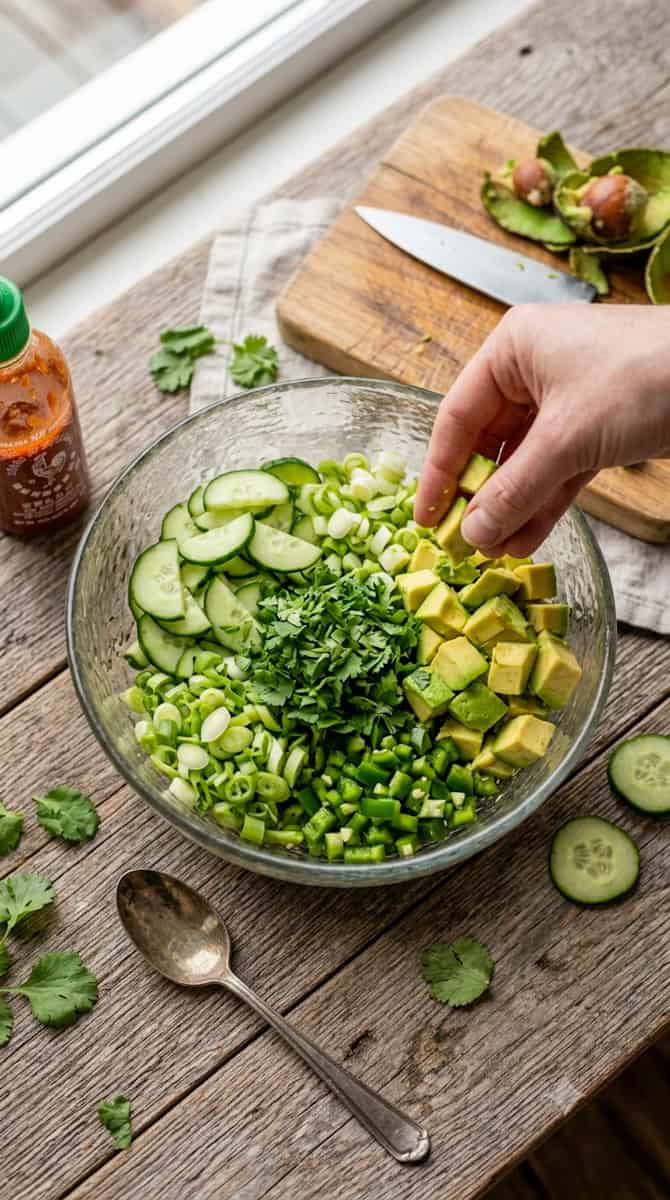 Spicy crab salad with sliced cucumber, avocado, scallions and sesame seeds