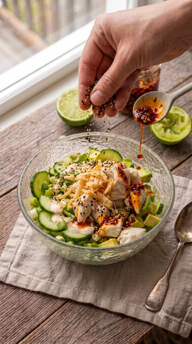 Crab and cucumber salad topped with furikake and chili crisp