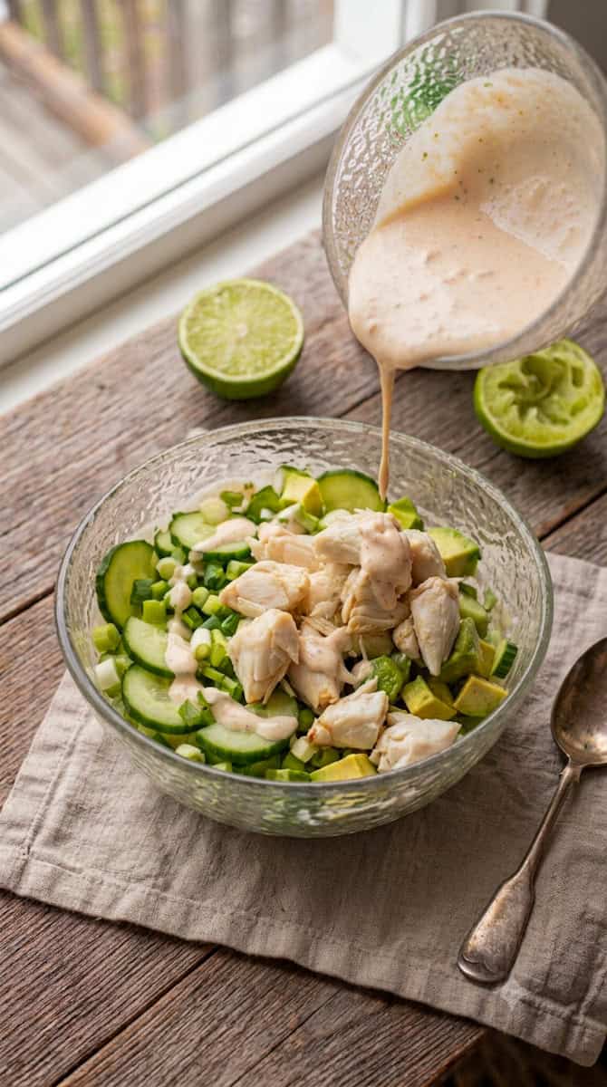 Spicy crab salad with sliced cucumber, avocado, scallions and sesame seeds
