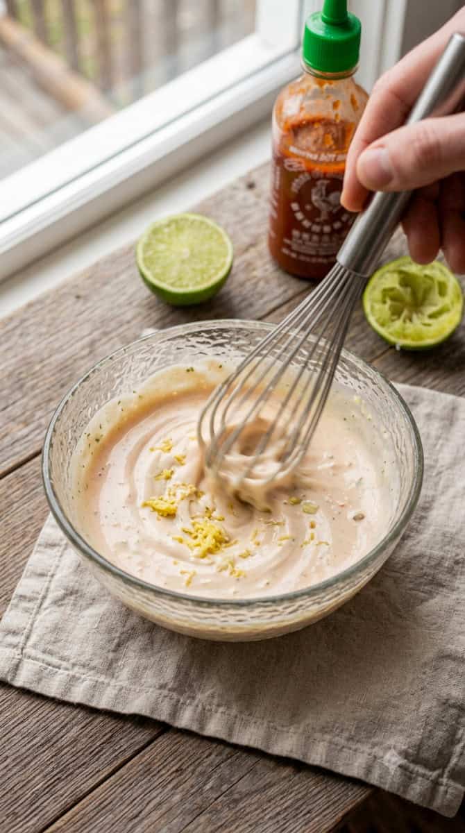 Creamy sriracha dressing made with Greek yogurt, Kewpie mayonnaise and lime