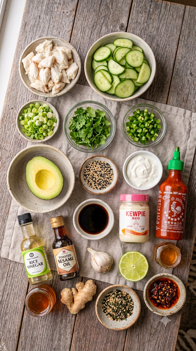 Lump crab meat, English cucumbers, avocado, cilantro and spicy dressing ingredients