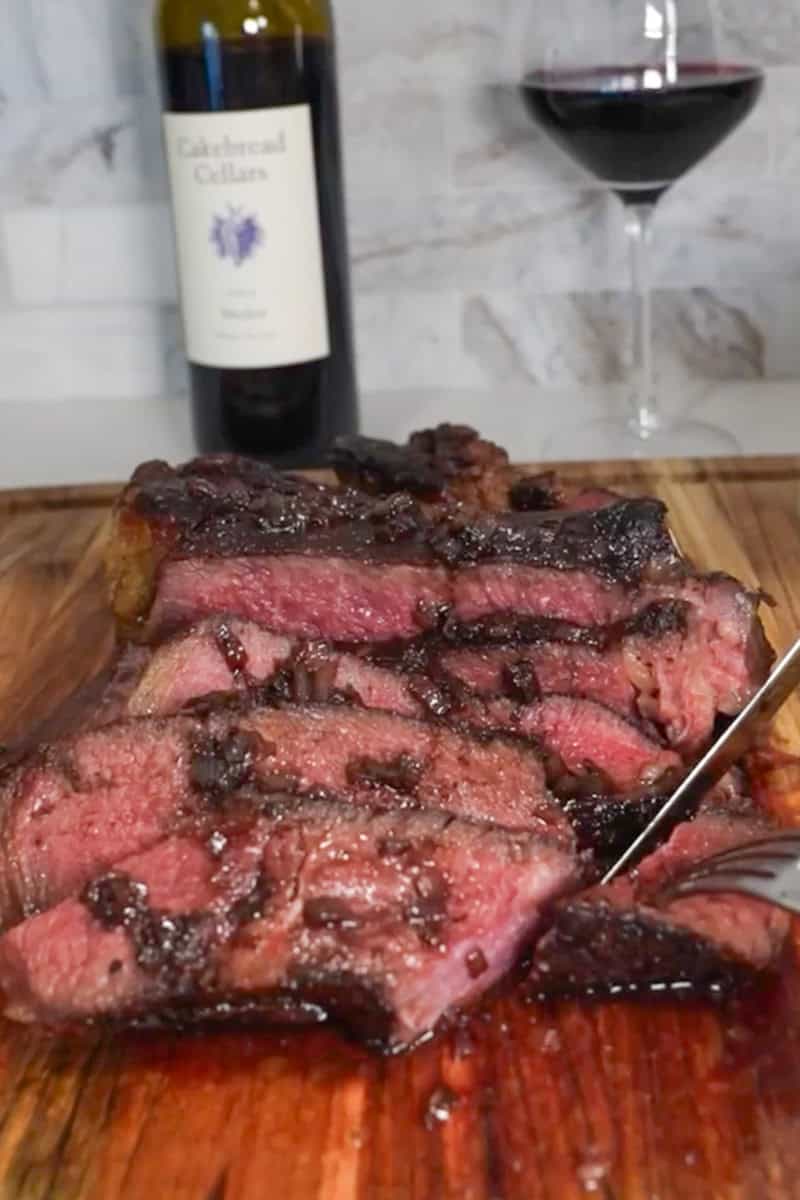 Sliced medium-rare steak with an evenly pink center