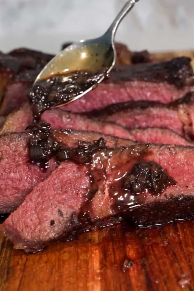 Sliced medium-rare steak with an evenly pink center