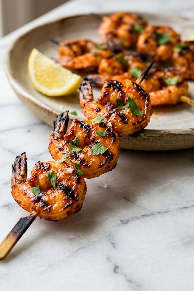 Grilled shrimp skewers brushed with lemon-harissa marinade