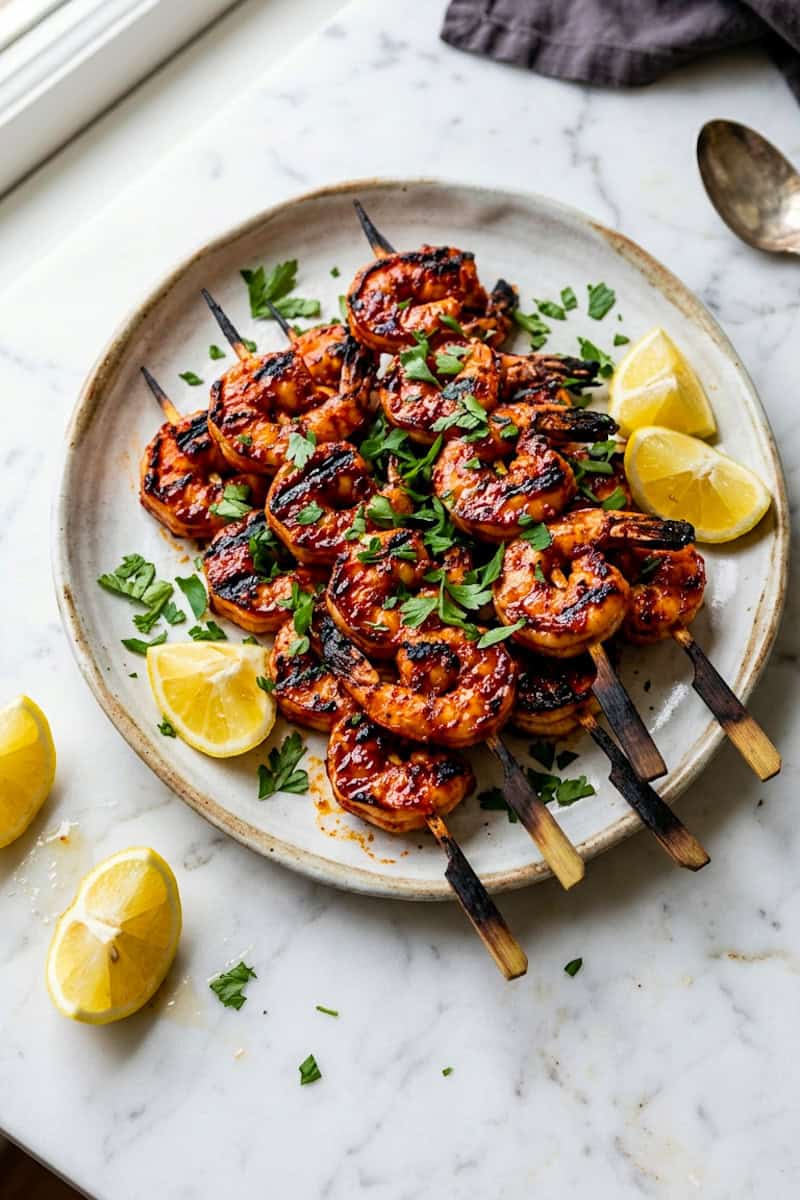 Lemon garlic shrimp skewers garnished with parsley