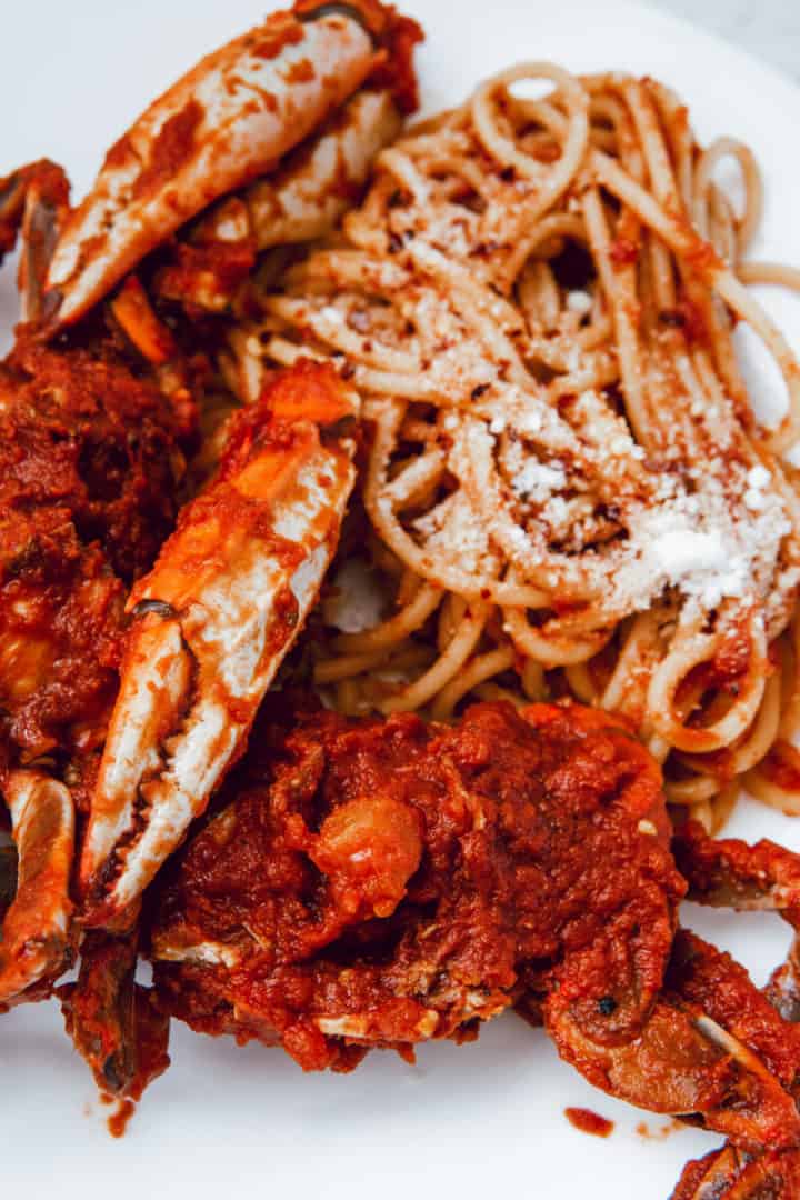 This Crab Marinara Recipe is made with blue crabs, San Marzano peeled tomatoes, red pepper flakes, garlic, basil and served on pasta.