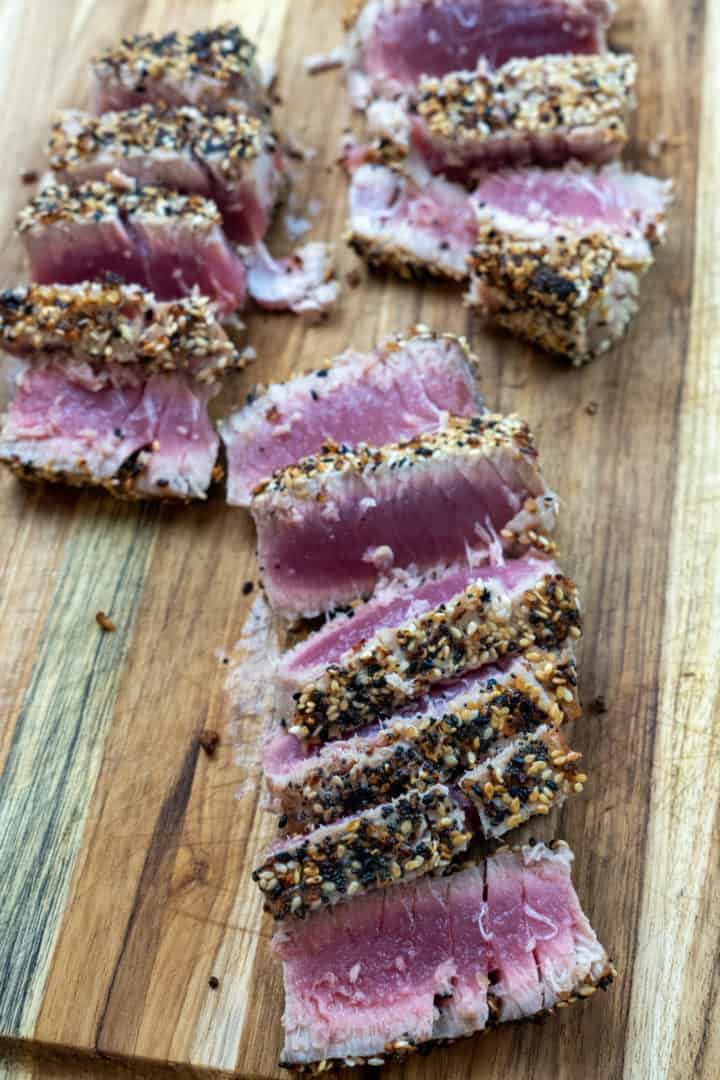 This Miso Tuna is made with ahi tuna steaks, honey, soy sauce, sesame oil, miso paste, white sesame seeds, and olive oil.
