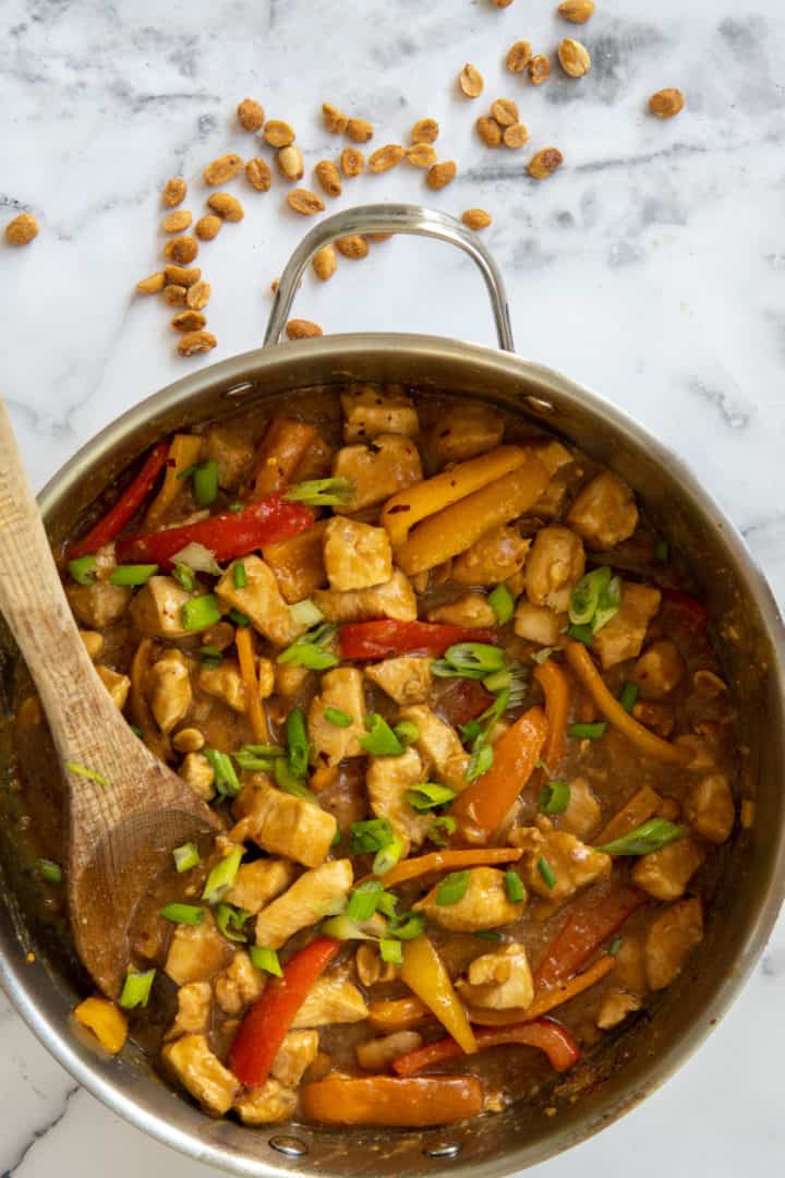 This Kung Pao Chicken Recipe is made with bell pepper, ginger, garlic, soy sauce, sesame oil, peanuts and dried chilies. 