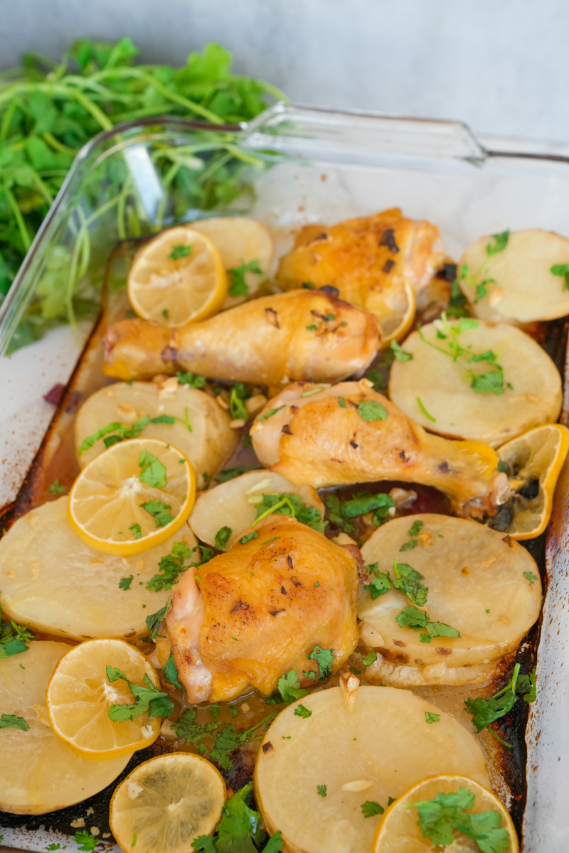 Take the chicken out and garnish with fresh parsley. Enjoy this Baked Lemon Chicken and Potatoes Recipe. 