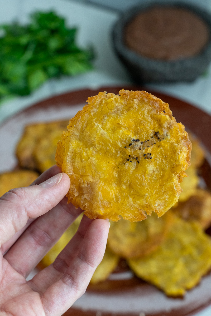 These Tostones Recipe are made with three ingredients: plantains, salt, and vegetable oil and fried into tostones.