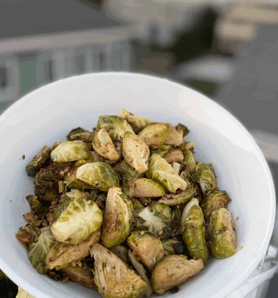 This Parmesan Crispy Dijon Brussel Sprouts with Almonds is made with brussels sprouts, lemon, almonds, parmesan and mustard.
