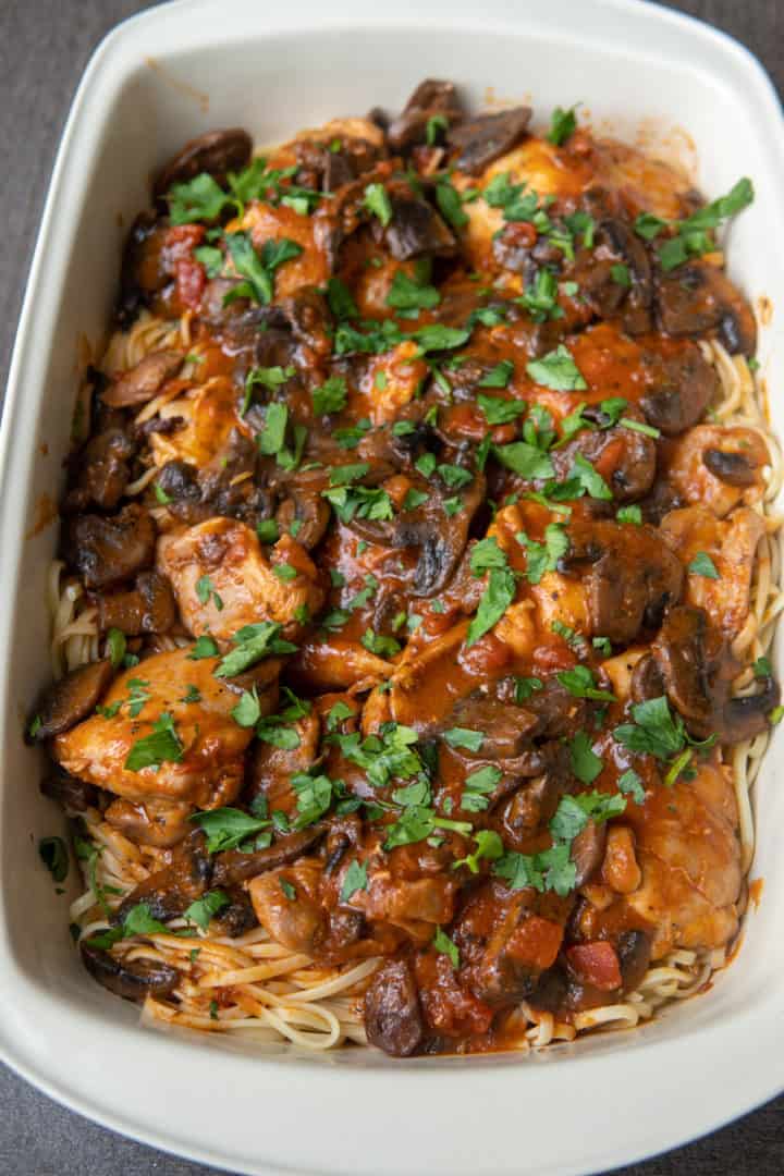 This Chicken Marsala Pasta Recipe is made with chicken thighs, rosemary leaves, mushrooms, chicken broth, sherry and angel hair.