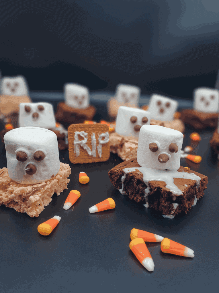 The Ghosts in the Graveyard Dessert is made with fudge brownies, eggs, rice krispies, marshmallows, and butter.