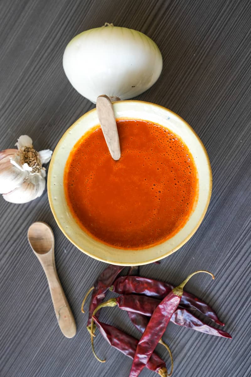 Top this Chile de Arbol Salsa Recipe on your eggs, chicken, or vegetables.  