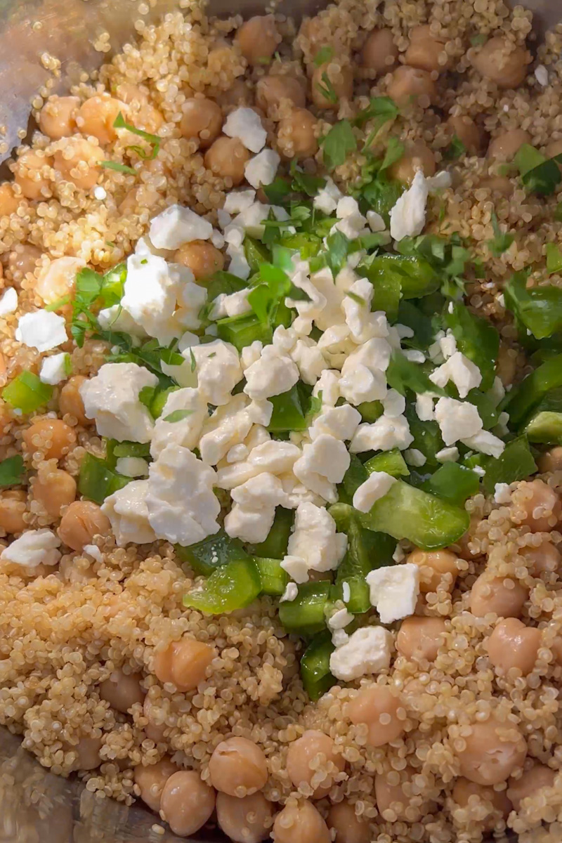 Meanwhile chop veggies and place the parsley, pepper and feta cheese in a large bowl.  Make the dressing in a separate bowl.