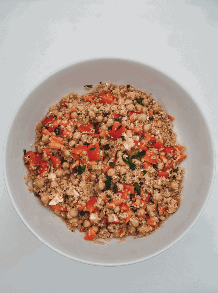 This Mediterranean Quinoa Instant Pot is made with garbanzo beans, feta cheese, bell pepper, quinoa, chicken broth, and red wine vinegar.