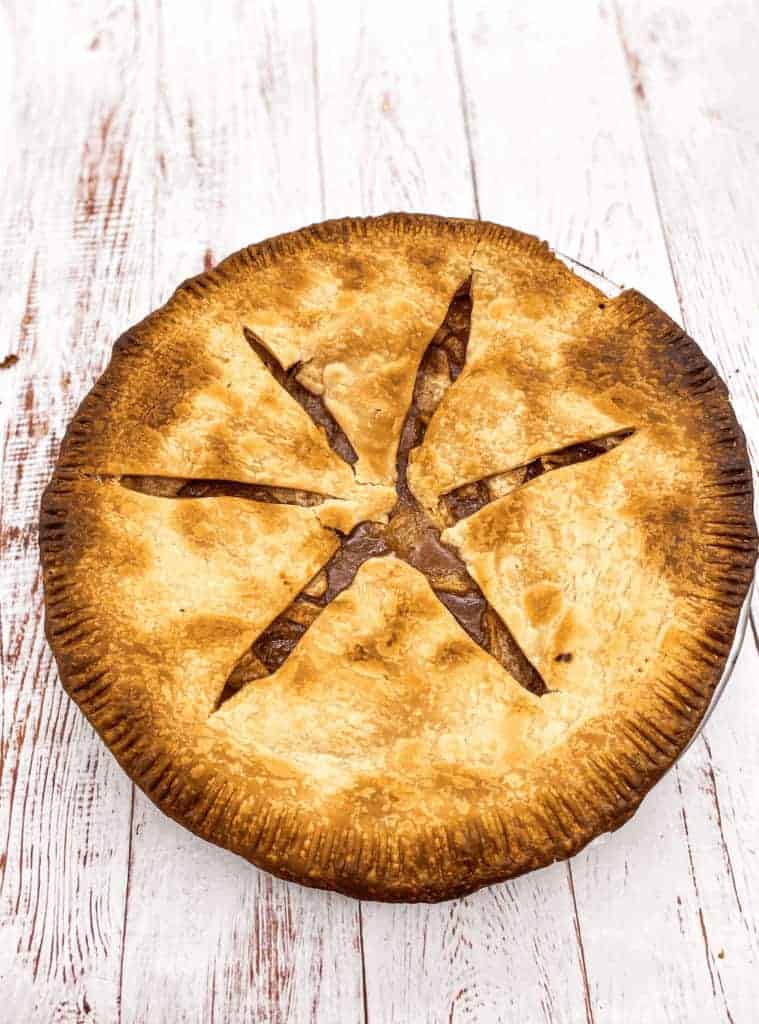This Apple Pie is made with granny smith apples, lemons, brown sugar, cinnamon, nutmeg, butter and pre-made pie crust. 