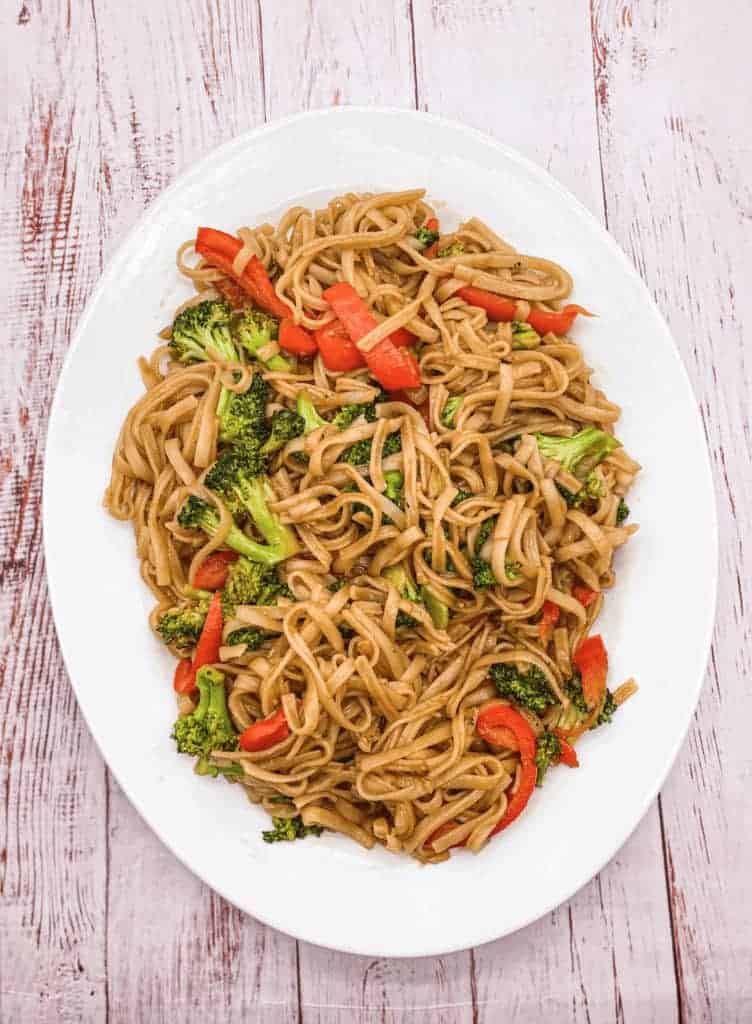 These Drunken Noodles are made with broccoli, red bell pepper, rice noodles, garlic, ginger, and Thai chilies.