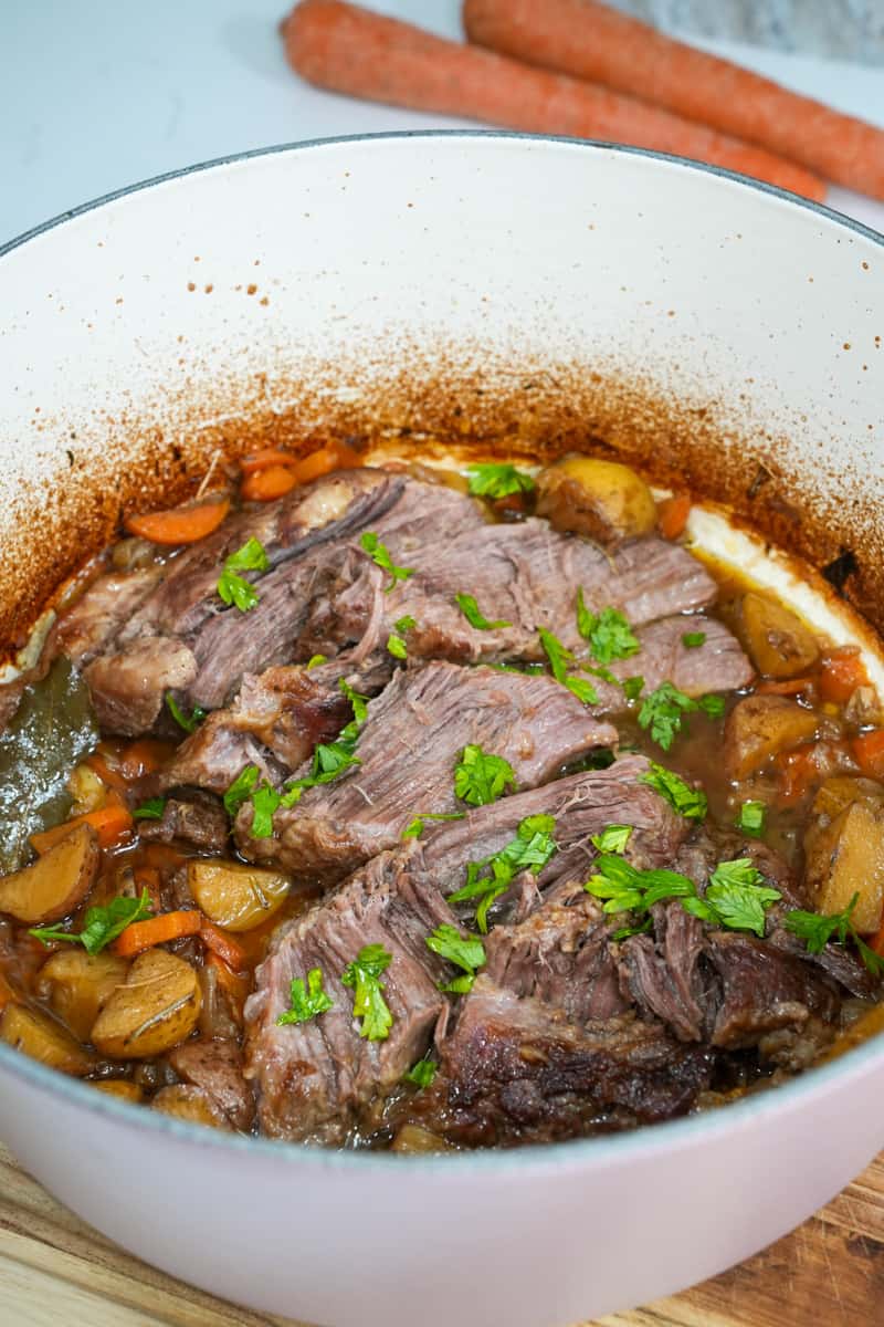 This Pork Pot Roast Recipe is a beef dish made by slow-cooking a usually tough cut of pork in a dutch oven, with vegetables.
