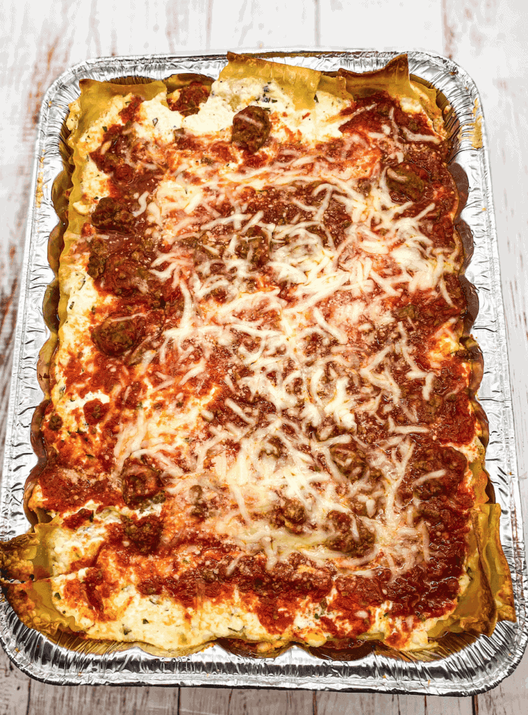 This Easy Lasagna Recipe is made with lasagna, ricotta cheese, eggs, marinara sauce, mozzarella, and parmesan.