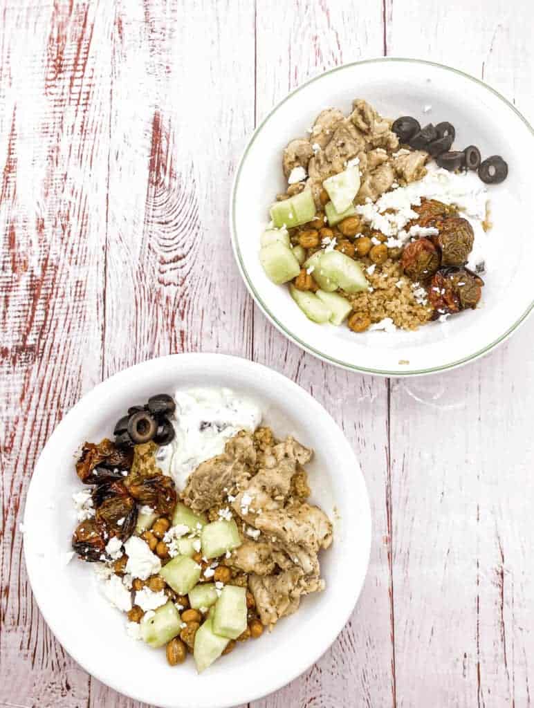 This Greek Yogurt Chicken is made with chicken, cucumber, roasted chickpeas, roasted tomatoes and tzatiki.