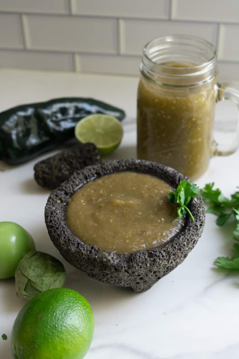 Blend until smooth and enjoy this Tomatillo Poblano Sauce. 