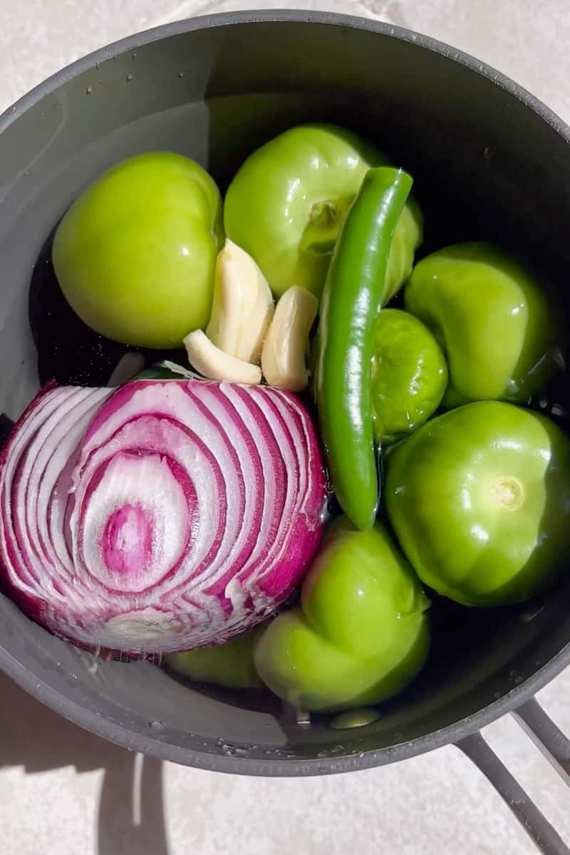 Pon a hervir una olla de agua. Agrega los tomatillos, el chile poblano, los dientes de ajo, la cebolla, los chiles serranos.